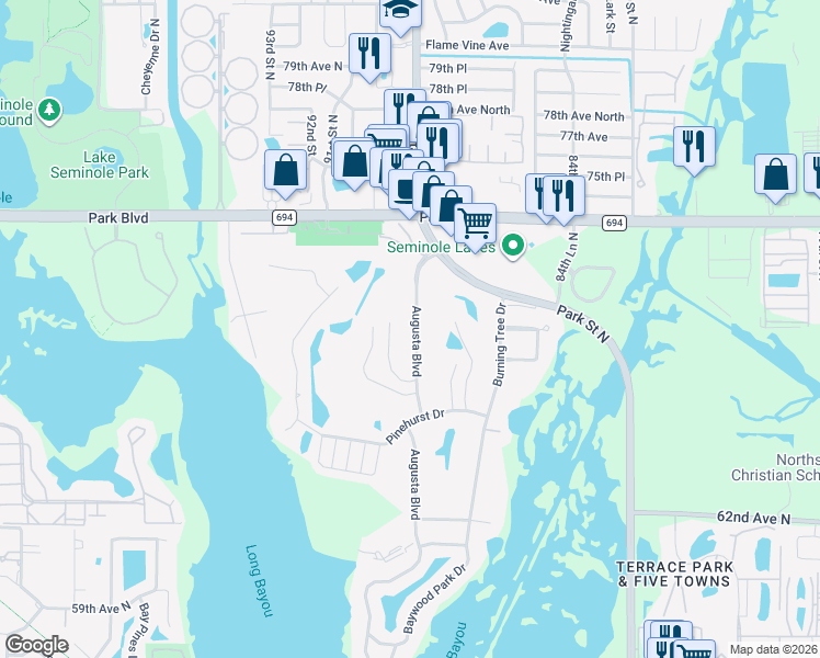 map of restaurants, bars, coffee shops, grocery stores, and more near 6972 Augusta Boulevard in Seminole