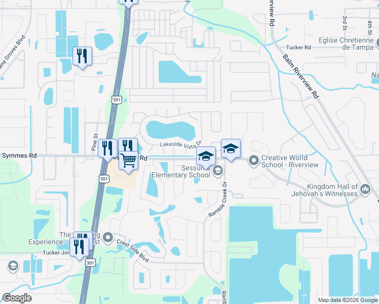 map of restaurants, bars, coffee shops, grocery stores, and more near 11304 Crane Lake Court in Riverview