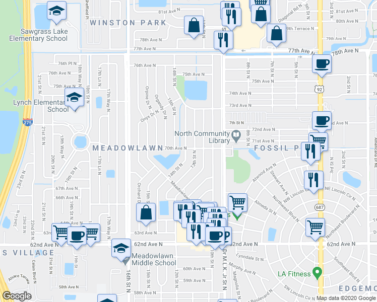 map of restaurants, bars, coffee shops, grocery stores, and more near 6919 14th Street North in St. Petersburg