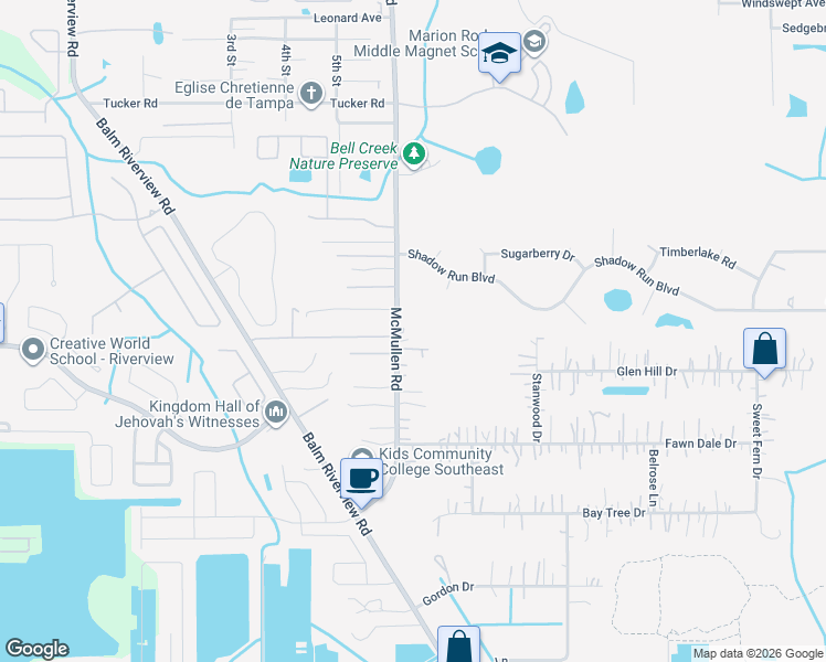 map of restaurants, bars, coffee shops, grocery stores, and more near 11250 McMullen Road in Riverview