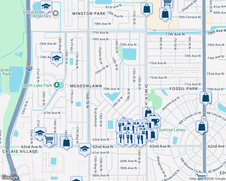map of restaurants, bars, coffee shops, grocery stores, and more near 1528 70th Avenue North in Saint Petersburg