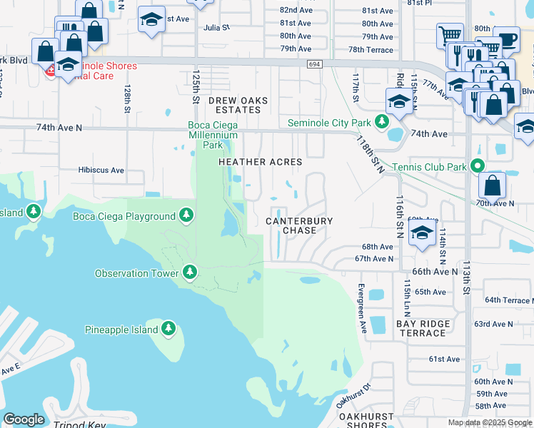 map of restaurants, bars, coffee shops, grocery stores, and more near 6918 122nd Street North in Seminole