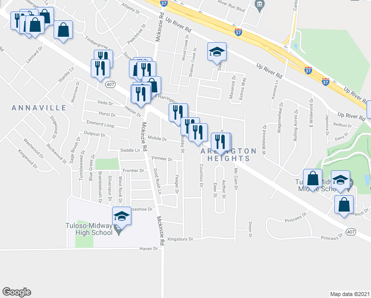 map of restaurants, bars, coffee shops, grocery stores, and more near 2825 Robby Street in Corpus Christi