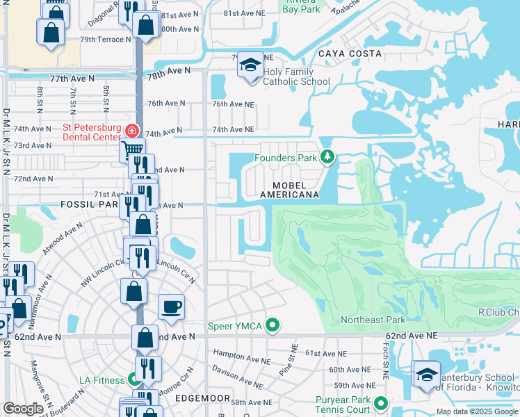 map of restaurants, bars, coffee shops, grocery stores, and more near 381 Mount Isle Avenue Northeast in St. Petersburg