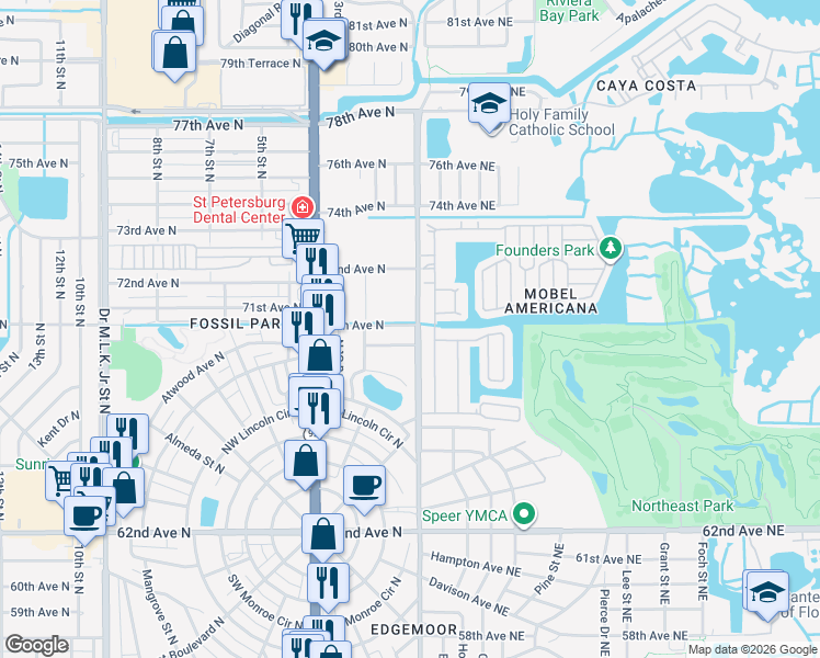 map of restaurants, bars, coffee shops, grocery stores, and more near 6940 1st Street Northeast in St. Petersburg