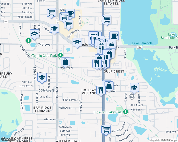 map of restaurants, bars, coffee shops, grocery stores, and more near 10883 70th Avenue North in Seminole