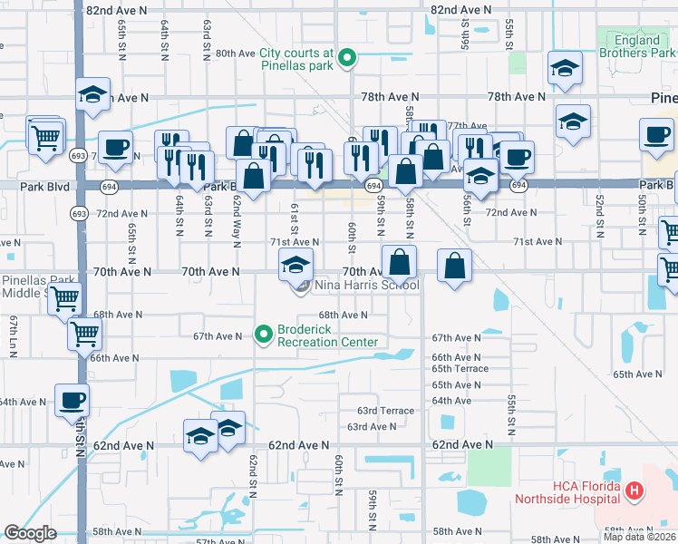 map of restaurants, bars, coffee shops, grocery stores, and more near 6051 70th Avenue North in Pinellas Park