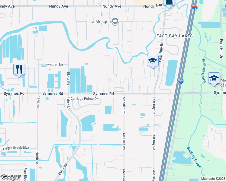 map of restaurants, bars, coffee shops, grocery stores, and more near 8518 Symmes Road in Gibsonton