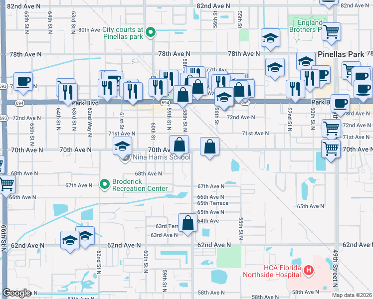 map of restaurants, bars, coffee shops, grocery stores, and more near 5811 58th Street North in Pinellas Park