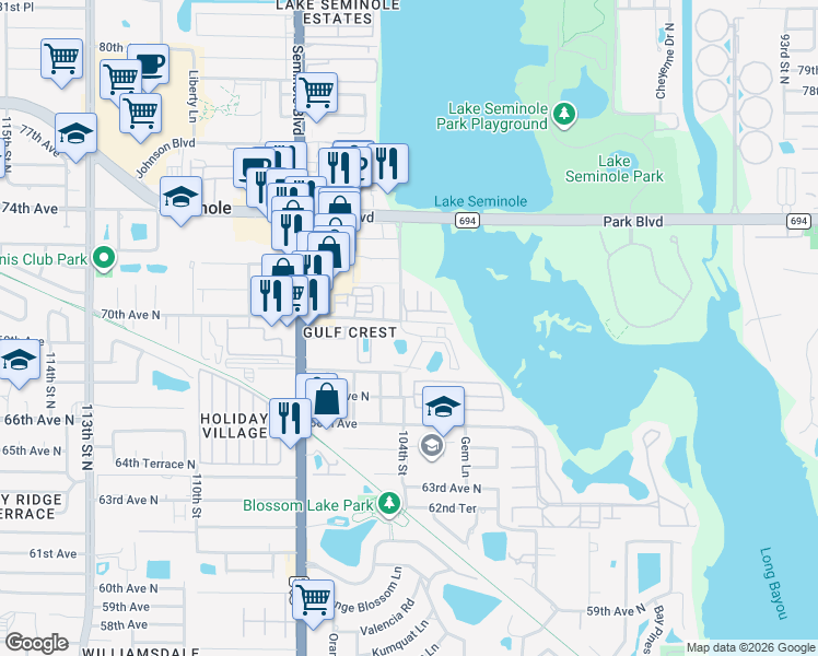 map of restaurants, bars, coffee shops, grocery stores, and more near 10393 Addison Way in Seminole