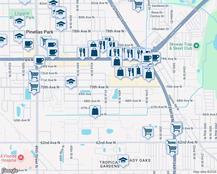 map of restaurants, bars, coffee shops, grocery stores, and more near 4059 70th Avenue North in Pinellas Park