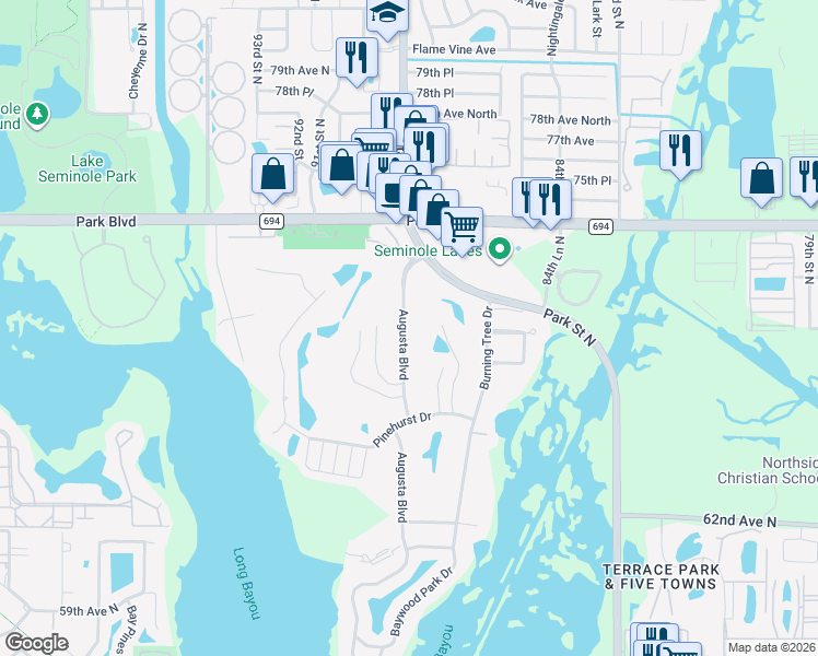 map of restaurants, bars, coffee shops, grocery stores, and more near 6972 Augusta Boulevard in Seminole