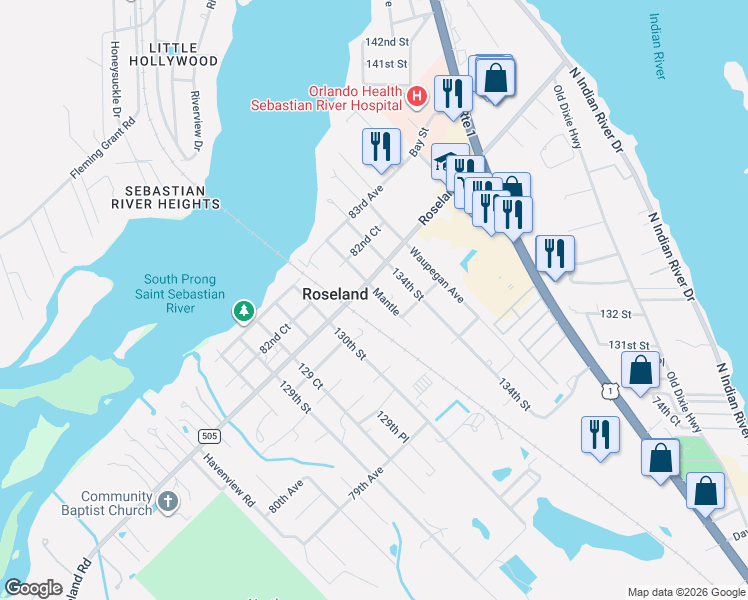 map of restaurants, bars, coffee shops, grocery stores, and more near 8155 133 Place in Sebastian