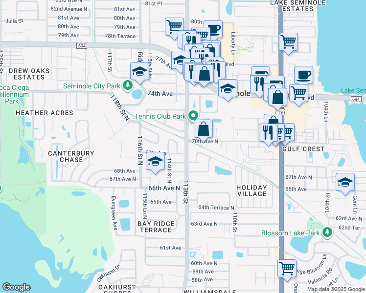map of restaurants, bars, coffee shops, grocery stores, and more near 6950 113th Street in Seminole