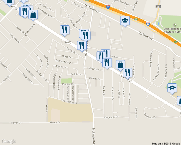 map of restaurants, bars, coffee shops, grocery stores, and more near 2842 McKinzie Road in Corpus Christi