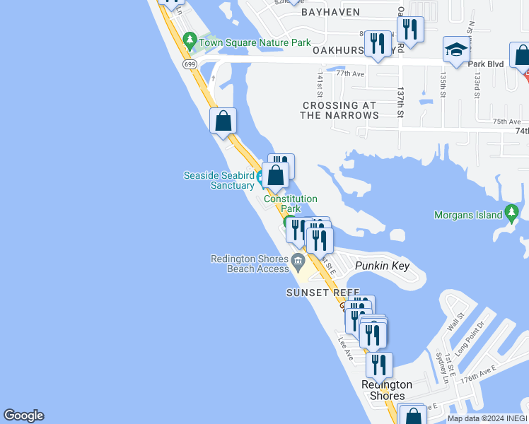map of restaurants, bars, coffee shops, grocery stores, and more near 18304 Gulf Boulevard in Redington Shores