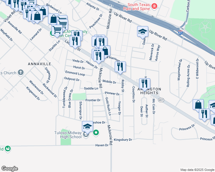 map of restaurants, bars, coffee shops, grocery stores, and more near 2842 Mckinzie Road in Corpus Christi