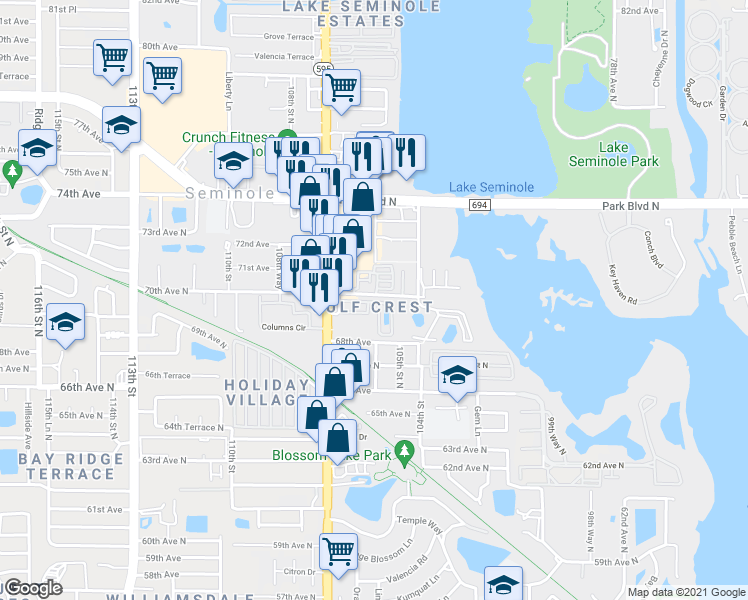 map of restaurants, bars, coffee shops, grocery stores, and more near 6945 Seminole Boulevard in Seminole
