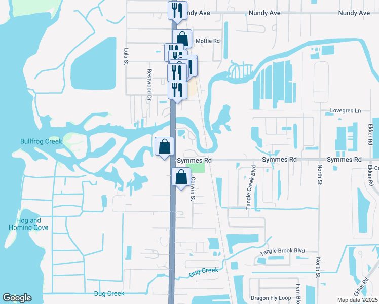 map of restaurants, bars, coffee shops, grocery stores, and more near 110 Nistals Park Road in Gibsonton
