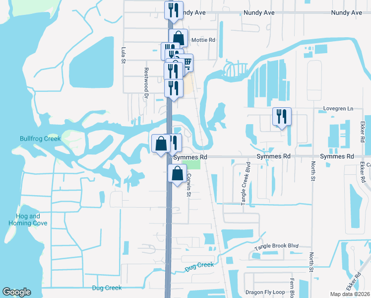 map of restaurants, bars, coffee shops, grocery stores, and more near 11344 South U.S. Highway 41 in Gibsonton