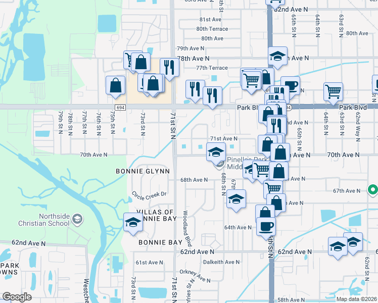 map of restaurants, bars, coffee shops, grocery stores, and more near 7001 70th Avenue North in Pinellas Park