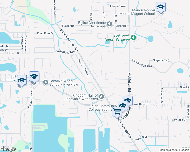 map of restaurants, bars, coffee shops, grocery stores, and more near 11248 Creek Haven Drive in Riverview