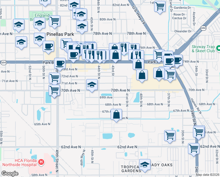 map of restaurants, bars, coffee shops, grocery stores, and more near 4300 70th Avenue North in Pinellas Park