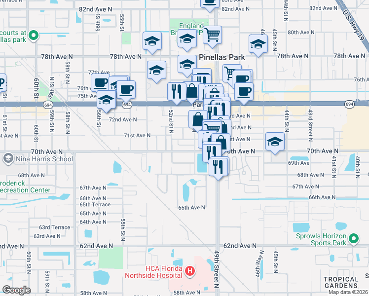 map of restaurants, bars, coffee shops, grocery stores, and more near 5040 70th Avenue North in Pinellas Park
