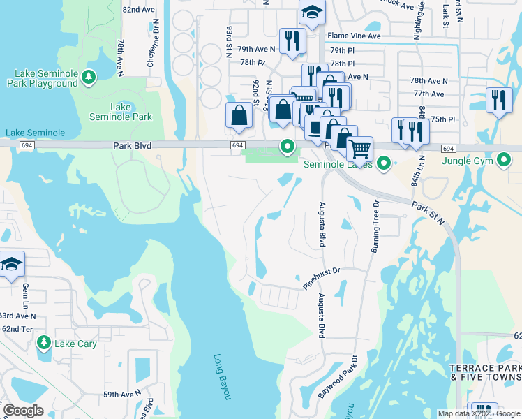 map of restaurants, bars, coffee shops, grocery stores, and more near 7009 Greenbrier Drive in Seminole