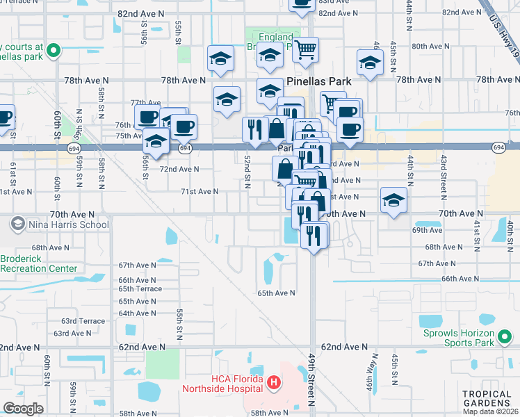 map of restaurants, bars, coffee shops, grocery stores, and more near 5040 70th Avenue North in Pinellas Park