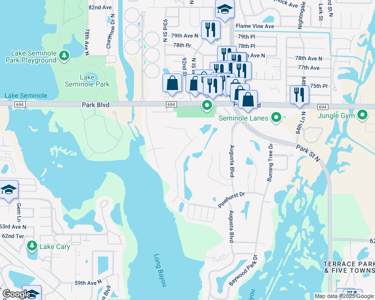map of restaurants, bars, coffee shops, grocery stores, and more near 7009 Greenbrier Drive in Seminole