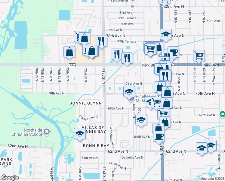 map of restaurants, bars, coffee shops, grocery stores, and more near 7001 70th Avenue North in Pinellas Park