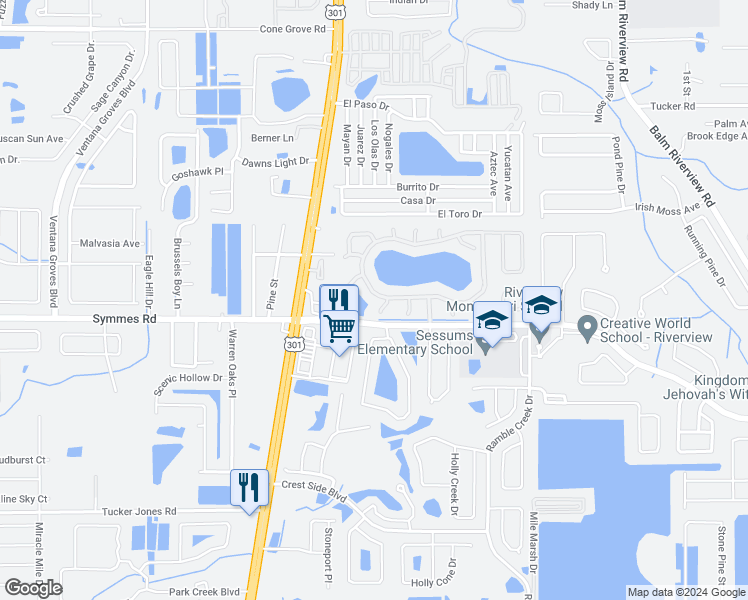 map of restaurants, bars, coffee shops, grocery stores, and more near 10817 Lakeside Vista Drive in Riverview