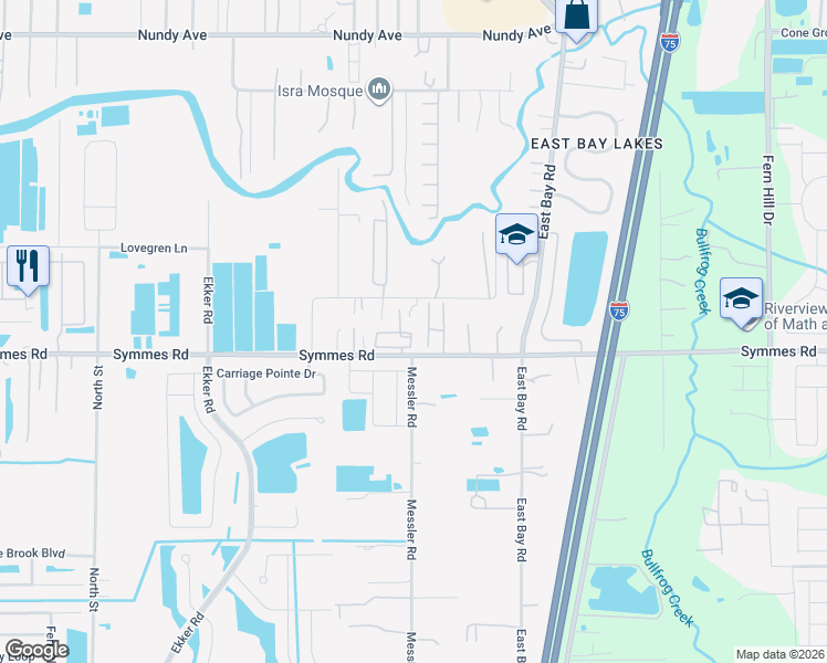 map of restaurants, bars, coffee shops, grocery stores, and more near 11325 Bacall Lane in Gibsonton