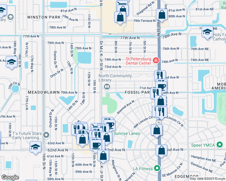 map of restaurants, bars, coffee shops, grocery stores, and more near 800 71st Avenue North in St. Petersburg