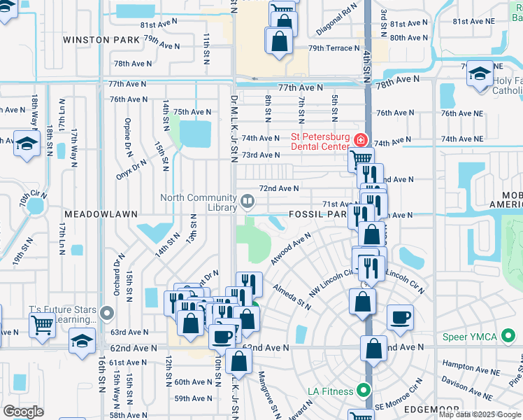map of restaurants, bars, coffee shops, grocery stores, and more near 800 71st Avenue North in St. Petersburg