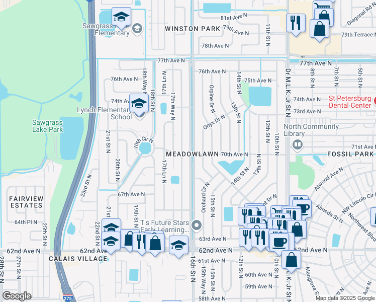 map of restaurants, bars, coffee shops, grocery stores, and more near 1601 70th Avenue North in Saint Petersburg