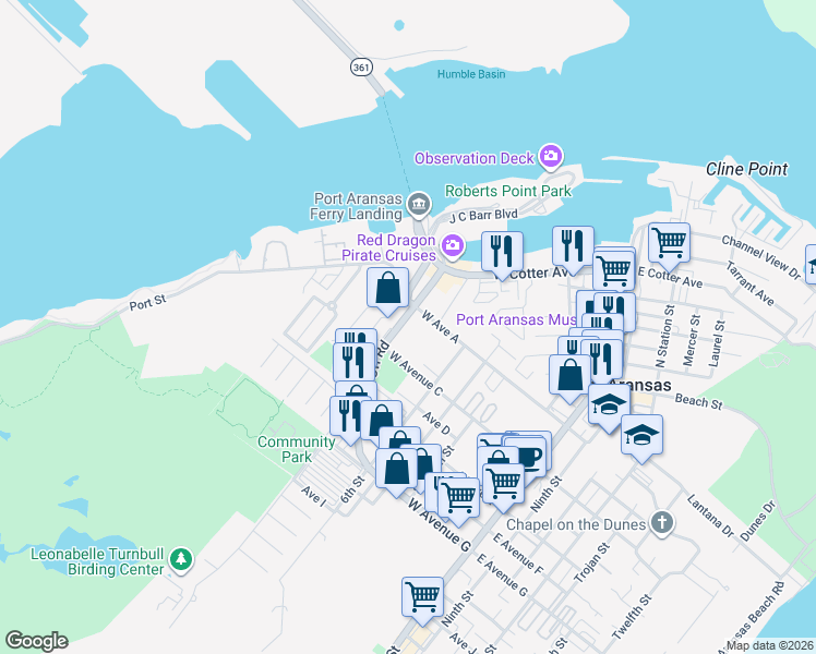 map of restaurants, bars, coffee shops, grocery stores, and more near 121 Cut-Off Road in Port Aransas