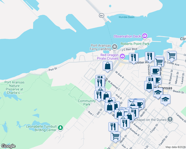 map of restaurants, bars, coffee shops, grocery stores, and more near 230 Cut-Off Road in Port Aransas
