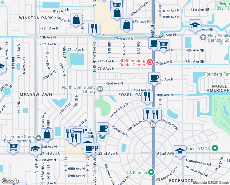 map of restaurants, bars, coffee shops, grocery stores, and more near 760 71st Avenue North in Saint Petersburg