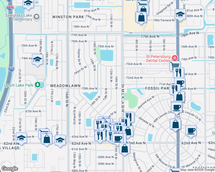 map of restaurants, bars, coffee shops, grocery stores, and more near 6919 12th Street North in St. Petersburg