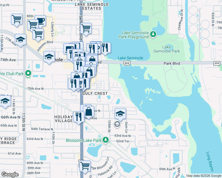 map of restaurants, bars, coffee shops, grocery stores, and more near 10393 Addison Way in Seminole