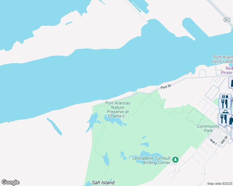 map of restaurants, bars, coffee shops, grocery stores, and more near 1300 Port Street in Port Aransas