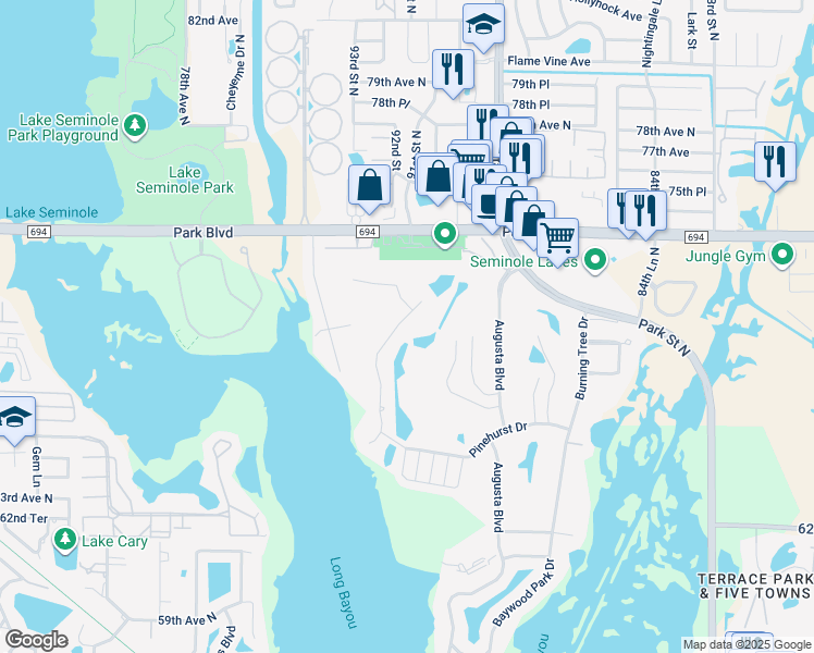 map of restaurants, bars, coffee shops, grocery stores, and more near 7009 Greenbrier Drive in Seminole