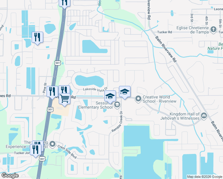 map of restaurants, bars, coffee shops, grocery stores, and more near 11239 Lake Lanier Drive in Riverview
