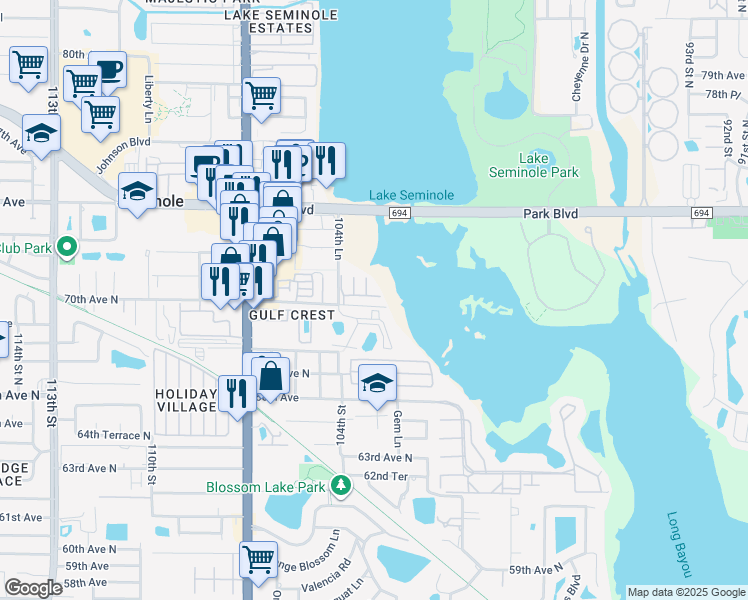 map of restaurants, bars, coffee shops, grocery stores, and more near 10070 Bayou Grande in Seminole