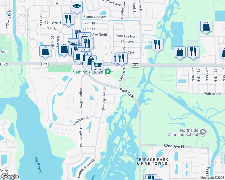 map of restaurants, bars, coffee shops, grocery stores, and more near 8667 Burning Tree Circle in Seminole