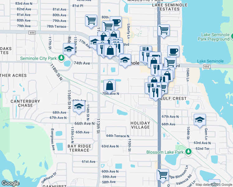 map of restaurants, bars, coffee shops, grocery stores, and more near 11110 70th Avenue North in Seminole