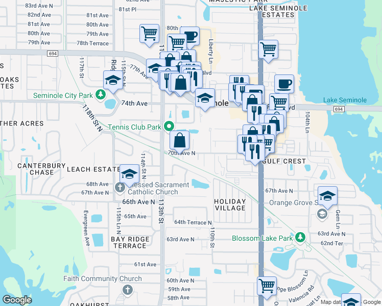 map of restaurants, bars, coffee shops, grocery stores, and more near 11110 70th Avenue North in Seminole