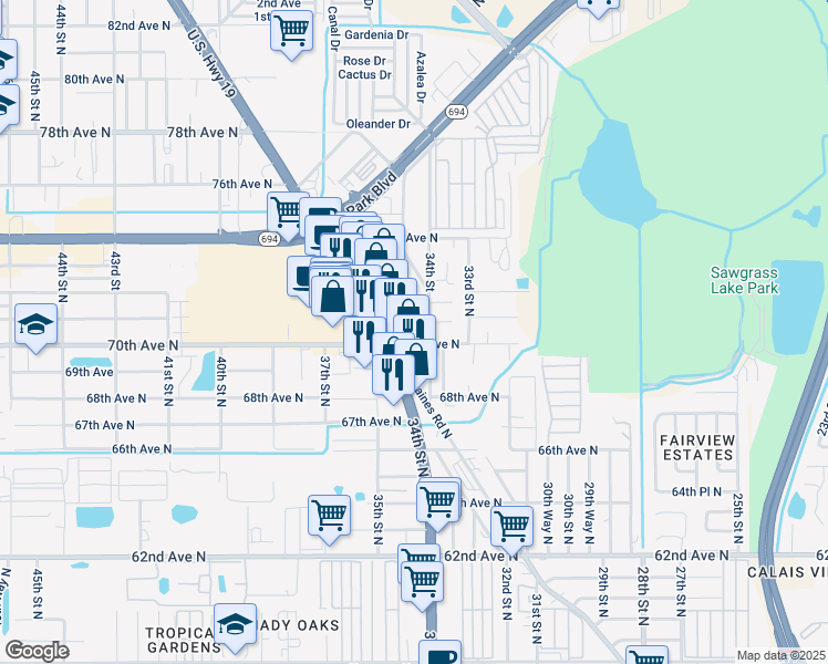 map of restaurants, bars, coffee shops, grocery stores, and more near 3404 70th Avenue North in Pinellas Park
